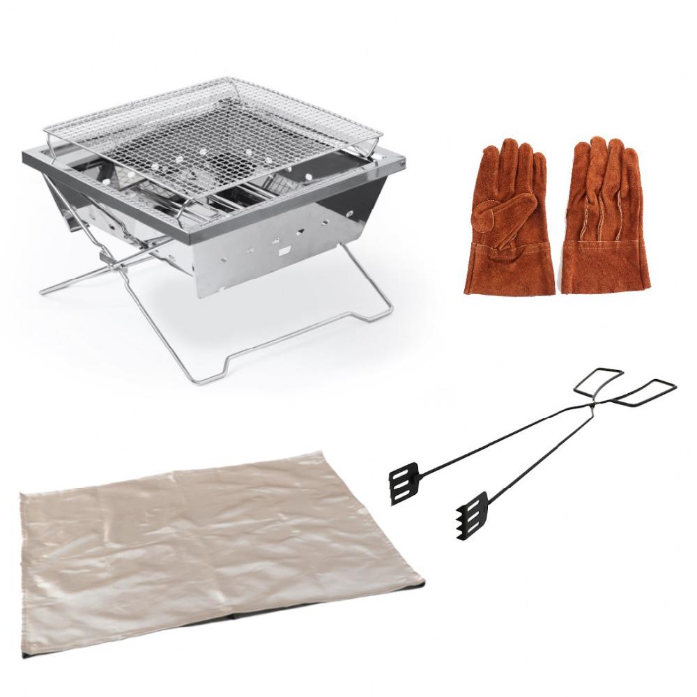 Stainless steel bonfire stand bonfire set of 4 (bonfire stand, bonfire stand sheet, leather gloves, firewood tongs)